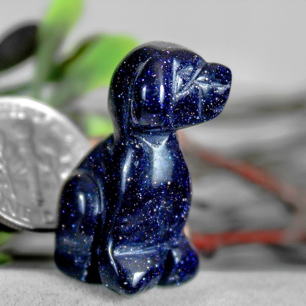 Hand Carved Dog Spirit Animal Blue Goldstone Canine Miniature Gem Figurine 9166