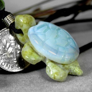 Blue Opalite Shell Yellow Serpentine Turtle Gemstone Totem Figurine 28" Black Cord Necklace 9334