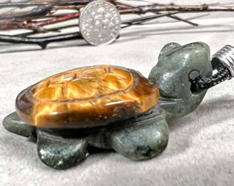 Tiger Eye Jade Turtle Stone Figurine 28" Blk Cord Necklace 6831