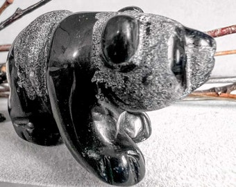 Black Obsidian Gemstone Panda Spirit Animal Totem Figurine Sculptured Art 6844