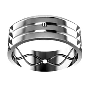 Op de afbeelding: Een zilverkleurige ring met een geometrisch ontwerp. De ring heeft twee parallelle banden met een klein verhoogd detail en een patroonrand. De binnenste band heeft een golvend ontwerp.