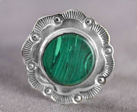925 Solid Sterling Green Malachite Gemstone Ring … - image 3