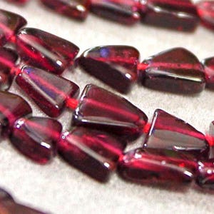 May include: A strand of deep red gemstone beads, each bead is shaped like a triangle with a pointed tip. The beads are strung together with a thin, clear thread.