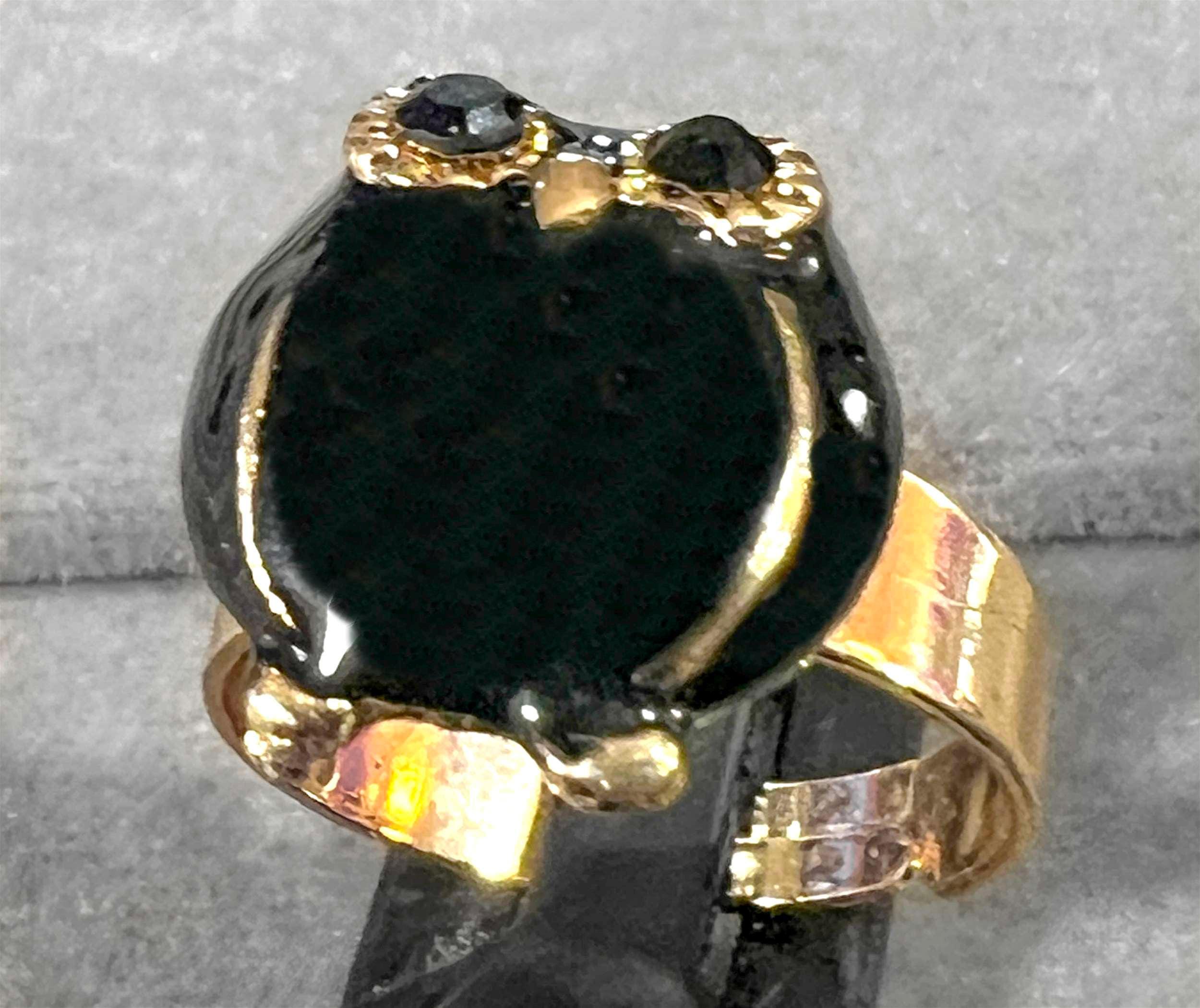 Charming Vintage Black Owl Gold Ring - Adjustable Size 7 1/2 (Item #6664)