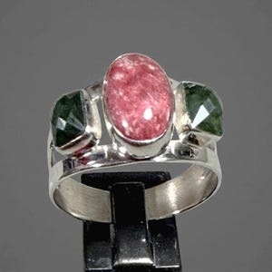 Sterling Silver Ruby Matrix & Green Tourmaline Ring • Three Stone • Sz 11 • L960