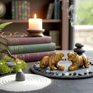 May include: A tranquil zen garden arrangement with two carved tiger figures on a slate base. A lit candle rests on books, with a miniature zen garden in front. A fern and spectacles are also visible in the scene.