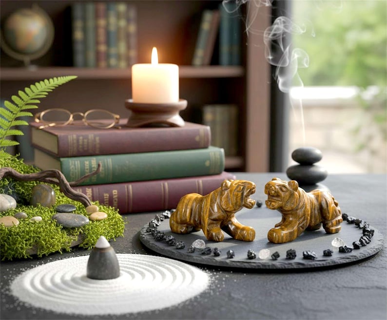 May include: A tranquil zen garden arrangement with two carved tiger figures on a slate base. A lit candle rests on books, with a miniature zen garden in front. A fern and spectacles are also visible in the scene.