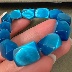 Blue Cat’s Eye Rectangular Bead Bracelet • 10mm • Stretch Fit • 7192