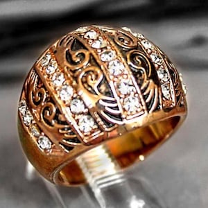 Etched Copper Faceted Inlaid Crystal Gem Ring Size 7 r647