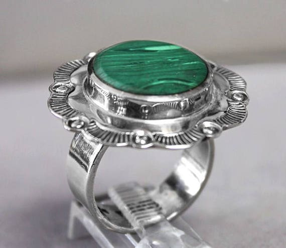 925 Solid Sterling Green Malachite Gemstone Ring … - image 1