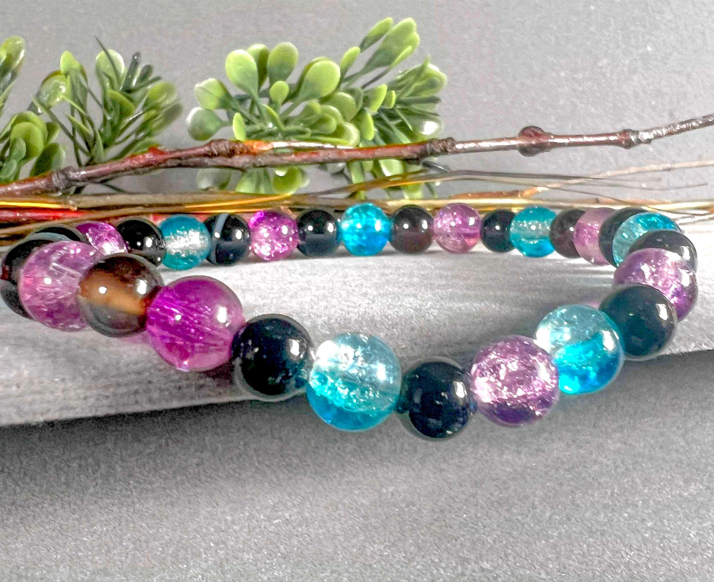 Black Obsidian Blue Purple Czech Crackle Glass Druk 8mm Stretch