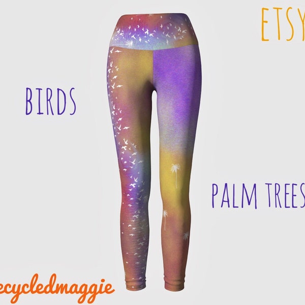 PARADISE: Yoga Gym Run Workout Pants Leggings High Waist Purple Mustard Ombre birds palm trees