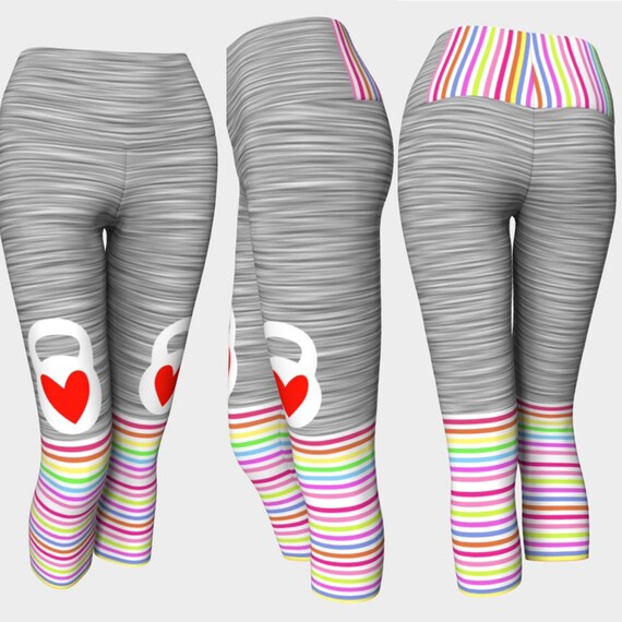 KB LOVE: Yoga Workout Pants Leggings High Rise Ecopoly Stripe Colorful Blue  Heather Crossfit Gym Kettlebell 