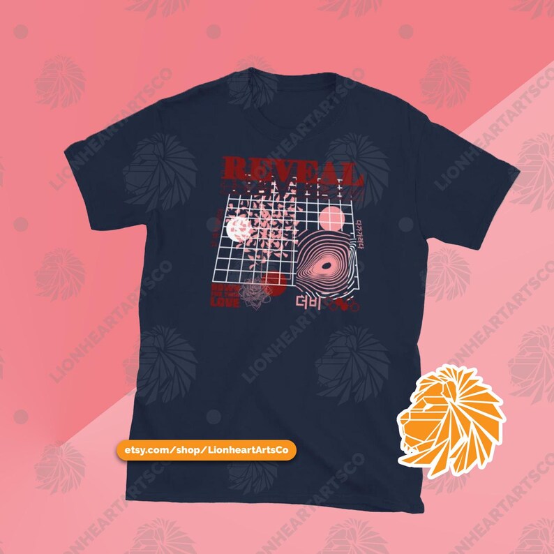 May include: A navy blue t-shirt with a graphic design featuring a grid, circles, and the word "REVEAL" in red. The graphic also includes the Korean word "더바" and the text "LOVE".