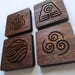 Avatar Elements Coasters, set of 4 coasters, 4 Elements, 3' Size, .5' Thick (You Choose Stain ) 