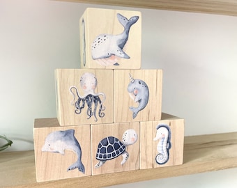 Ocean Nursery Decor - Ocean Theme Baby Gift - Under the Sea, Beach Inspired Decor Wooden Blocks