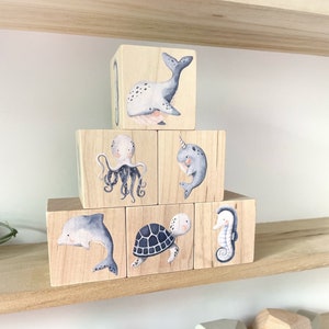 Ocean Nursery Decor - Ocean Theme Baby Gift - Under the Sea, Beach Inspired Decor Wooden Blocks