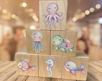 Beach Nursery Decor - Ocean Theme Baby Gift - Under the Sea, Beach Inspired Decor Wooden Blocks