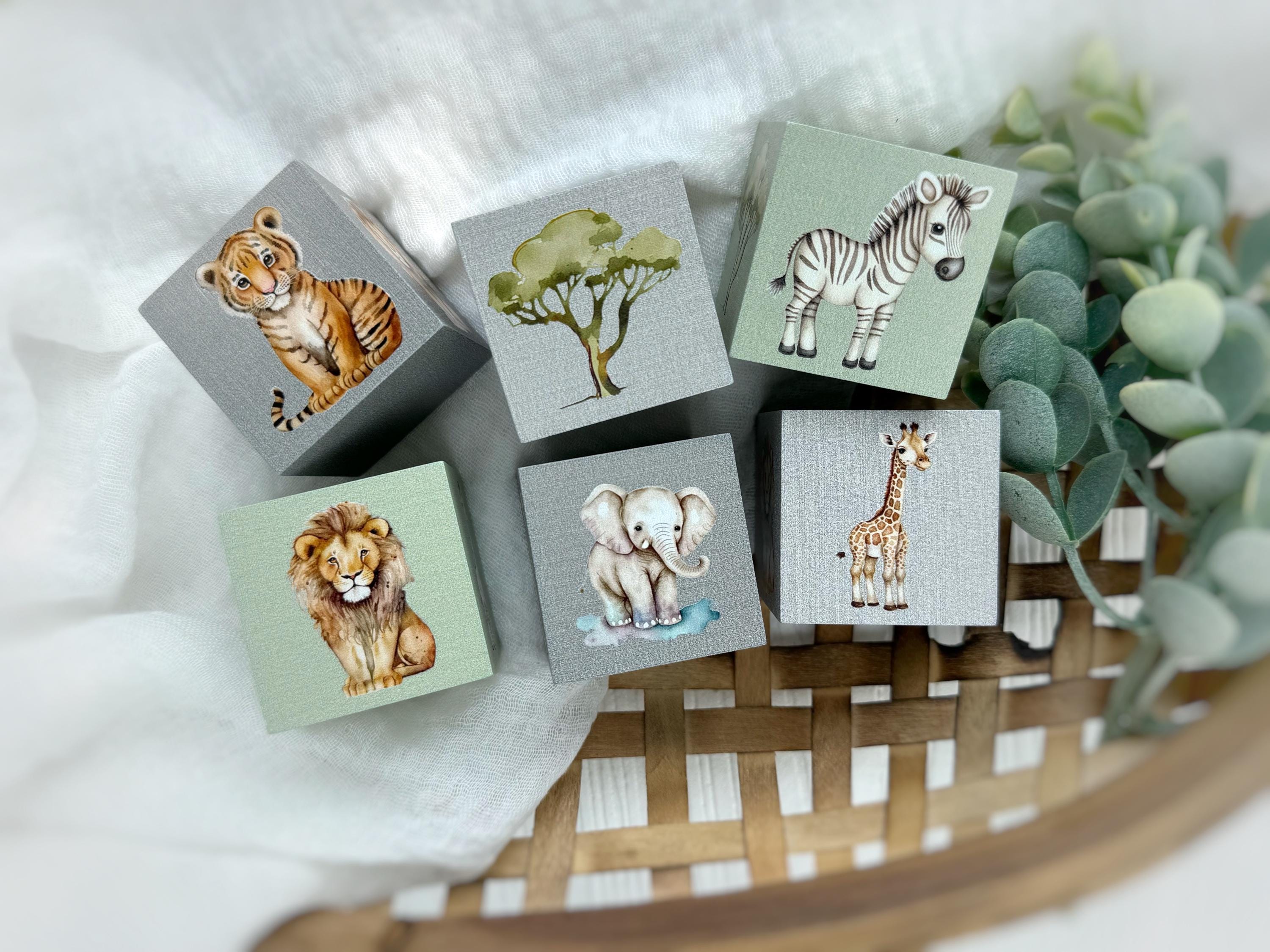 Jungle Nursery Decor Blocks / Safari Nursery - Safari Baby's Room Decor- Rain Forest including Lion, Giraffe, Elephant, Tiger