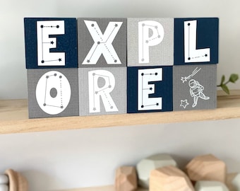 Space Theme Nursery Décor - 'Explore' with Moon, Stars, Astronaut, Galaxy Designs