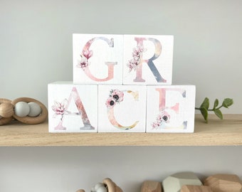 Boho Watercolor Floral Nursery Décor Blocks - Pastel Personalized Name Baby Gift for Baby Girl