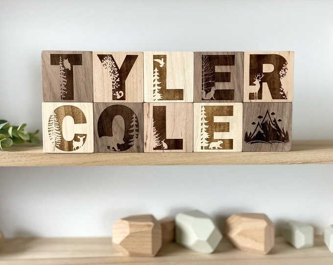 Woodland Nursery Decor- Personalized Baby Gift - Baby Shower Gift - Custom Name Block Set - Baby Boy Room