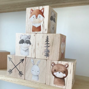 Baby Gift for Boy, Nursery Decor Blocks with Woodland Animals Designs