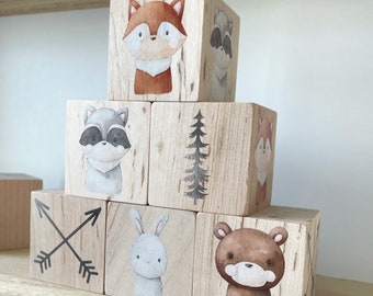 Baby Gift for Boy, Nursery Decor Blocks with Woodland Animals Designs