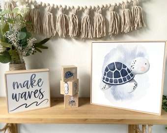 Nautical Decor Under the Sea Nursery Wooden Sign - Sea Turtle Printed Frame Art - Ocean Theme  Wall Art - Make Waves Sign - Baby Shower Boy