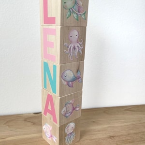 Ocean Nursery Decor for Baby Girl Nursery - Under the Sea Baby Room Decor Wooden Blocks - Unique Baby Gift