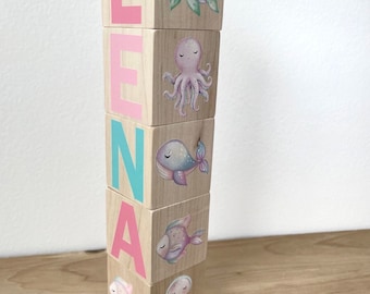 Ocean Nursery Decor for Baby Girl Nursery - Under the Sea Baby Room Decor Wooden Blocks - Unique Baby Gift