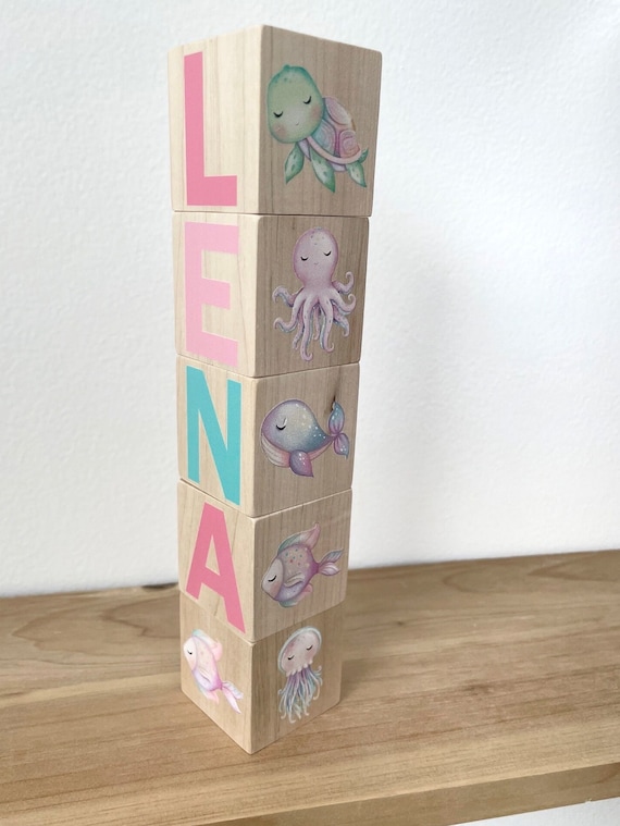Ocean Nursery Decor for Baby Girl Nursery - Under the Sea Baby Room Decor Wooden Blocks - Unique Baby Gift