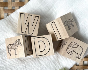 Jungle Theme Nursery Décor Blocks / Safari Baby&#39;s Room Decor- Rain Forest including Lion, Giraffe, Koala, other Zoo Animals
