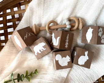 New Baby Gift - Personalize Name Block Set - Woodland - Adventure - Natural Theme Nursery