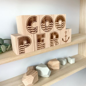 Nautical Nursery Decor - Wooden Blocks with Wave Letters with Anchor