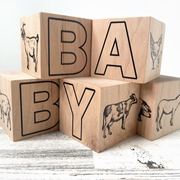 Farm Animal Nursery Baby Blocks - Baby Gift for Boy - Farm Animals include  Horse - Pig - Cow - etc - Birth Announcement