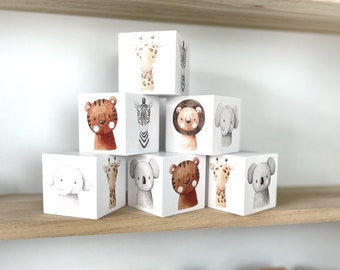 Safari Baby Shower Décor  - Jungle Forest Baby Animal Wooden Block Set -  Baby Boy Gift for Nursery - Elephant - Koala - Panda etc.