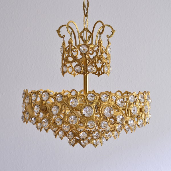 Palme /24 K gold plated / Breathtaking Ceiling lamp / 4 flame Crystal glass / Midcentruy Design / Hollywood Regency