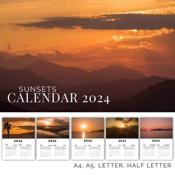 Printable Sunsets Coastal Calendar 2024, Monthly Calendar With Sea Ocean Sunsets Photos, Landscape Calendar A4 A5 Letter Half Letter