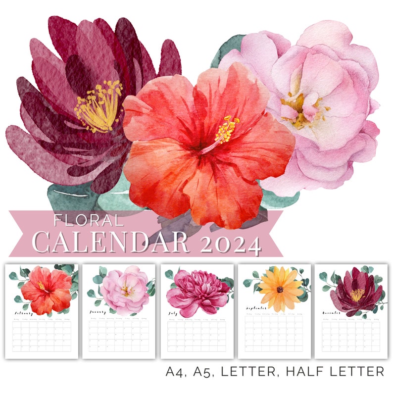 Printable Watercolour Floral Calendar 2025, Monthly Calendar With