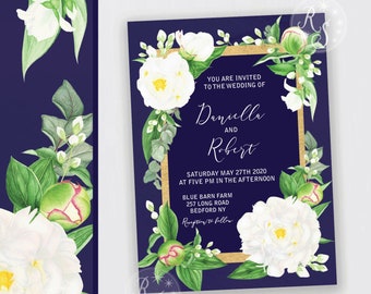 Elegant Dark blue modern Wedding invitation with white peony flowers Digital delivery option DIY print