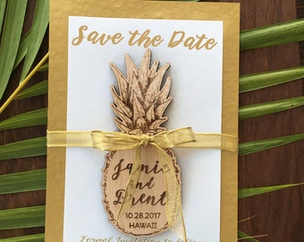 Luxe Pineapple Gold Save the Date Magnet, Personalized wood pineapple with Gold Backing Paper and gold ribbon, Modern rustic bridal invite