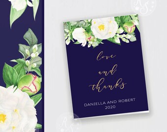Thank you card dark blue background and watercolor white peonies and gold accent