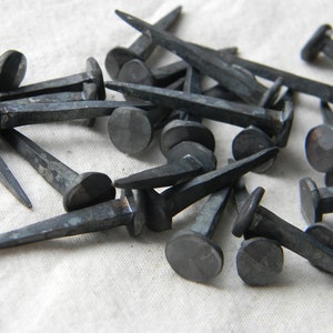 Puede incluir: Una colecci&oacute;n de clavos antiguos forjados a mano con cabezas redondeadas. Los clavos son de metal y tienen un acabado gris oscuro.