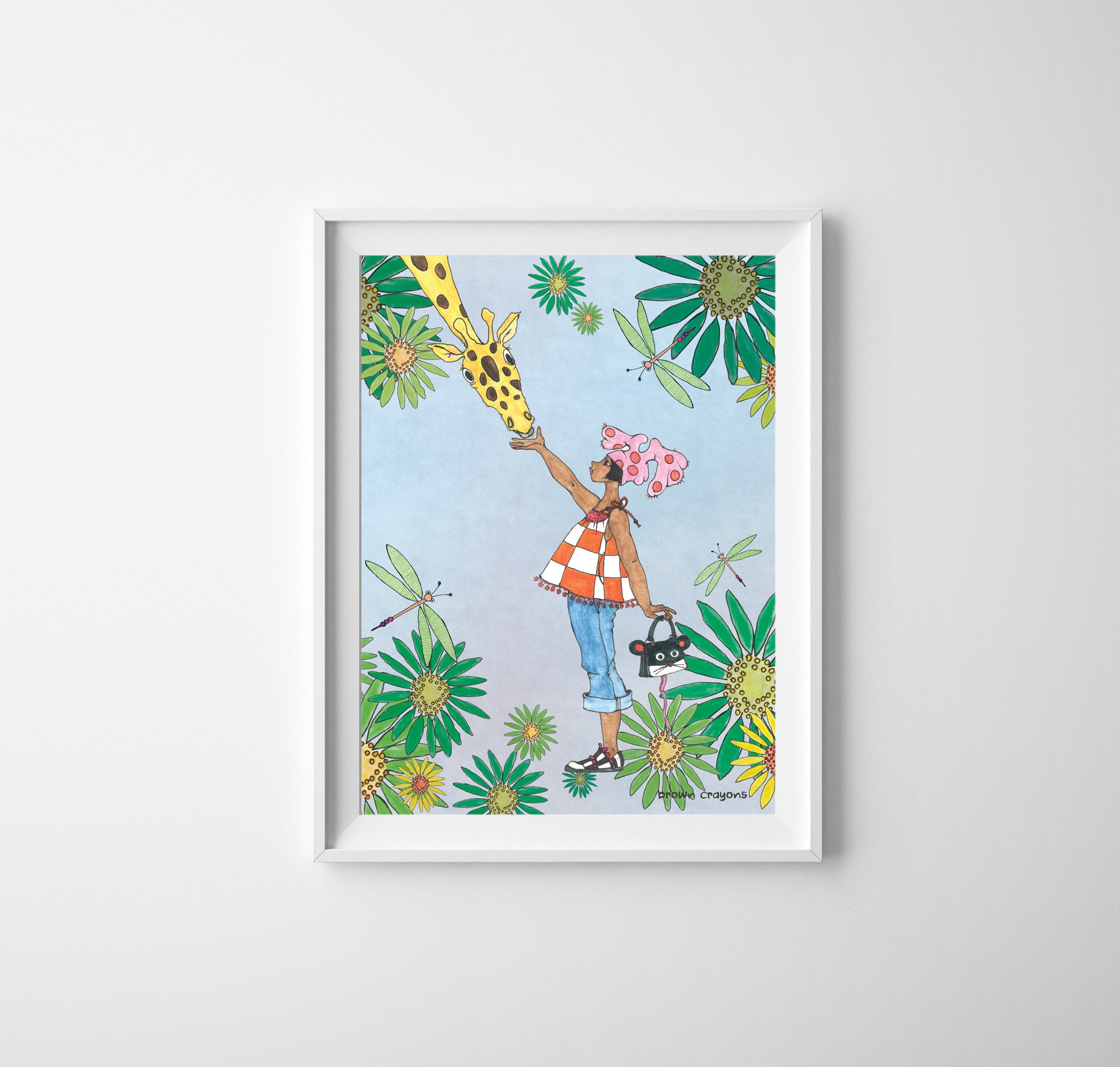 Brown Girl Feeding Giraffe Art Print | Décor Mural Pour La Salle Des Filles Pépinière For Dorm Room 