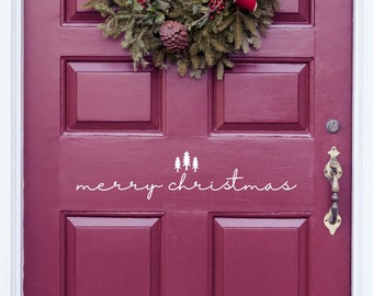 Merry Christmas door decal vinyl lettering with three trees, for front door, entryway or wall. Festive Farmhouse Holiday decoration sticker.