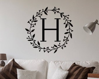 Monogram Wall Decals - Living Room Decor - Laurel Wreath - Rustic Home Decor - Housewarming Gift - Gift For Mom, Wall Decal, Vinyl Decal