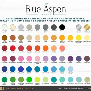 May include: A colour chart from Blue Aspen Design, showcasing a wide range of colours, including neutrals, metallics, and vibrant hues. The chart includes colour names and is for reference. The text at the top says "Blue Aspen Design".