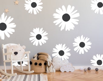 12 - Calcomanía de pared con margaritas de dos colores, decoración floral para dormitorio de niñas y adolescentes, papel tapiz para baño, tocador, oficina