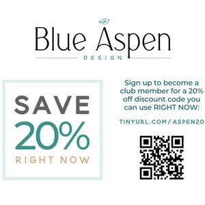 May include: A white background features the text "Blue Aspen Design" in black. A teal box states "SAVE 20% RIGHT NOW." Further text advertises a club membership with a discount code. A QR code is also present.